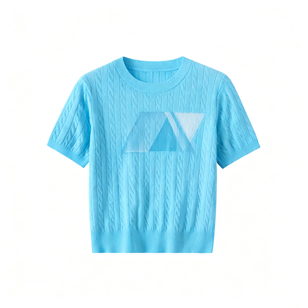 Light Blue Cable-Knit Short-Sleeve Top with Geometric Pattern