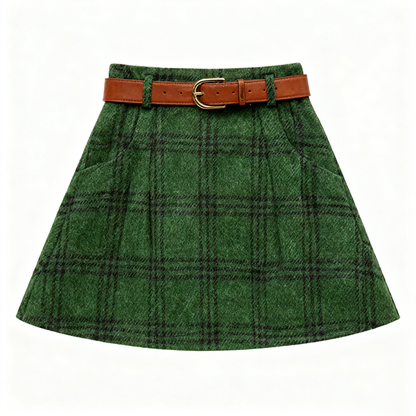 Green Plaid Wool-Blend A-Line Skirt with Leather Belt