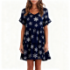 Navy Blue Snowflake Print Ruffled Sleeve Tiered Dress
