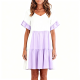 White & Lavender Color-Block Ruffled Sleeve Tiered Dress