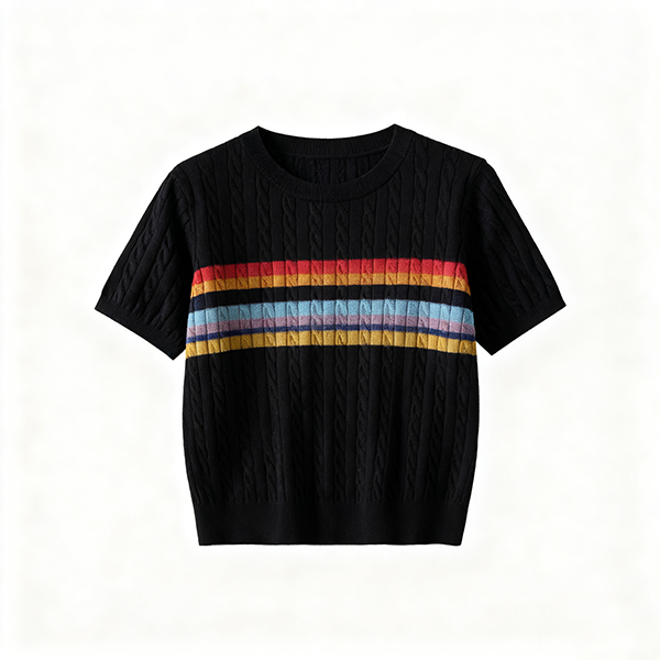 Black Cable-Knit Short-Sleeve Sweater with Rainbow Stripes