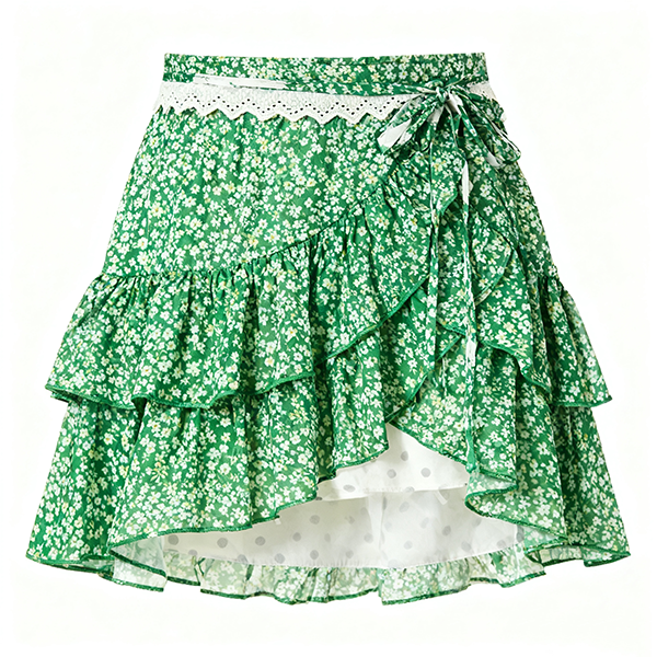 Green Floral Tiered Ruffled Skirt with Polka-Dot Lining