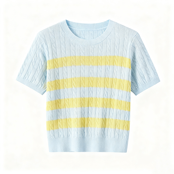 Light Blue & Yellow Striped Cable-Knit Short-Sleeve Top