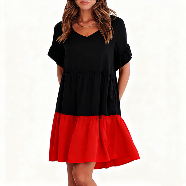 Black & Red Color-Block Ruffled Sleeve Tiered Dress