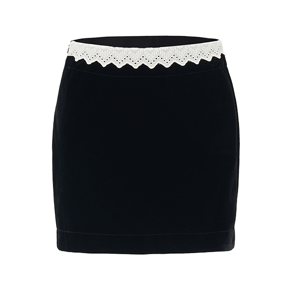 Black Velvet Mini Skirt with White Scalloped Lace Waist