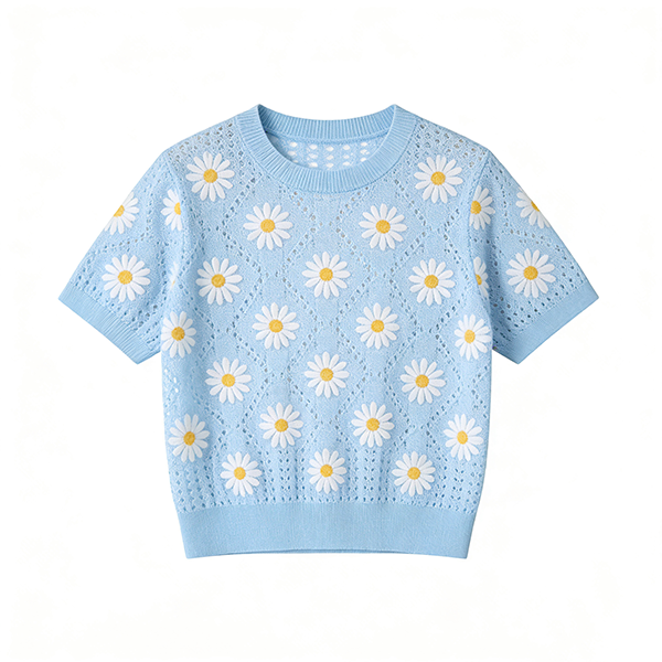 Sky Blue Daisy-Print Openwork Short-Sleeve Sweater