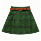 Green Plaid Wool-Blend A-Line Skirt with Leather Belt