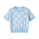 Sky Blue Daisy-Print Openwork Short-Sleeve Sweater
