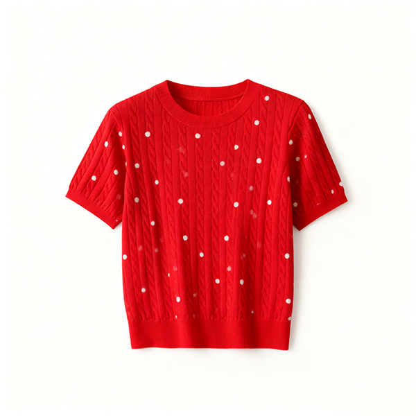 Red Cable-Knit Short-Sleeve Top with White Polka Dots