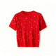 Red Cable-Knit Short-Sleeve Top with White Polka Dots