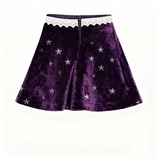 Purple Velvet Mini Skirt with Silver Star Embroidery