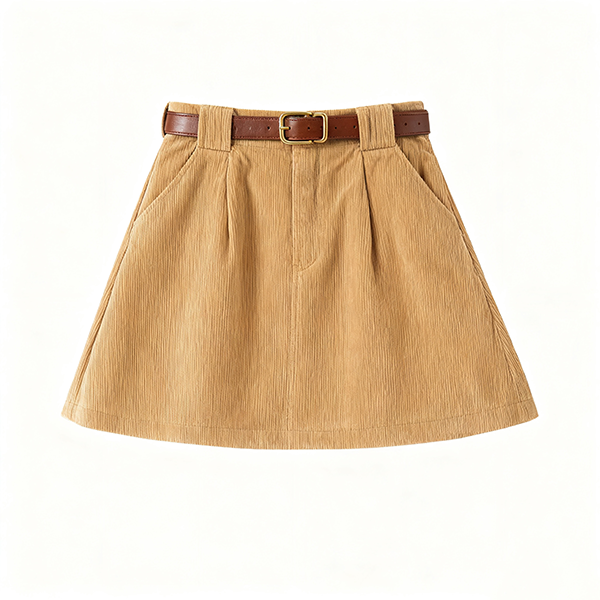 Tan Corduroy A-Line Mini Skirt with Leather Belt