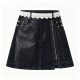 Black Leather-Denim Patchwork Mini Skirt with Studs