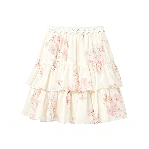 Cream Floral Tiered Chiffon Skirt